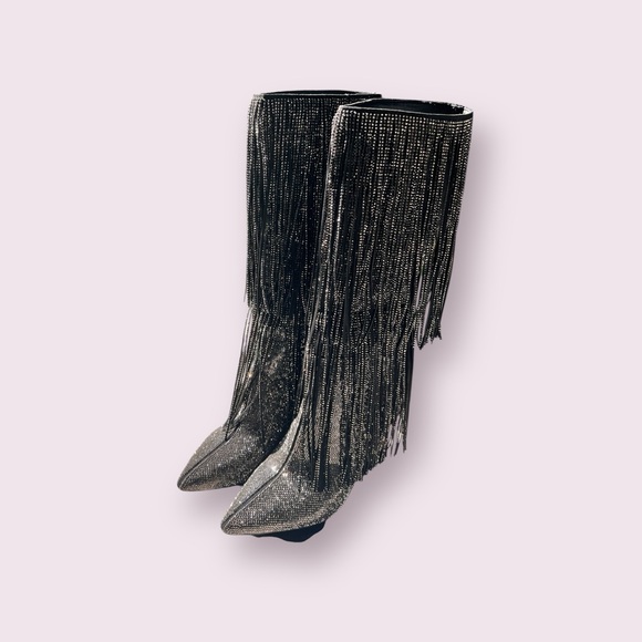 INC International Concept Ishani Black‎ Rhinestone Studded Fringe Boot Size 8M - Picture 7 of 14